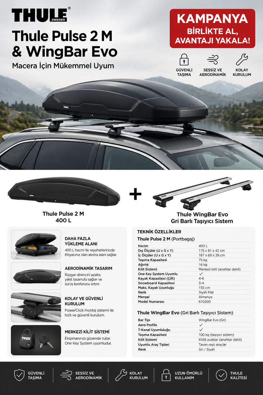 Thule Pulse 2 M 400L Portbagaj + WingBar Evo Gri Tavan Taşıyıcı Seti