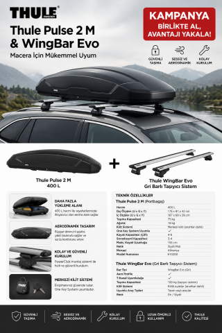 Thule Pulse 2 M 400L Portbagaj + WingBar Evo Gri Tavan Taşıyıcı Seti